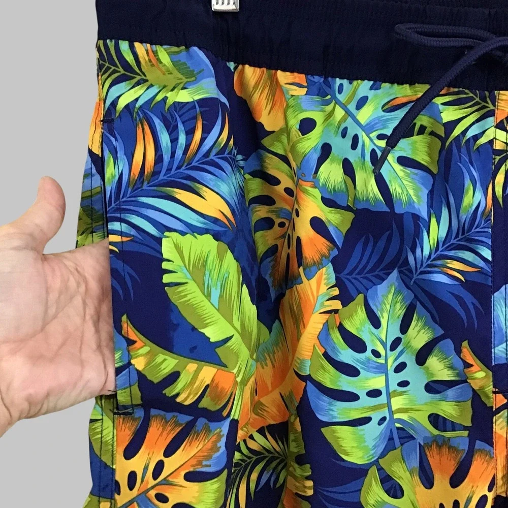 Hot Coals Mens XL Tropical Palm Leaf Swim‎ Trunks Blue Green Orange RN103658